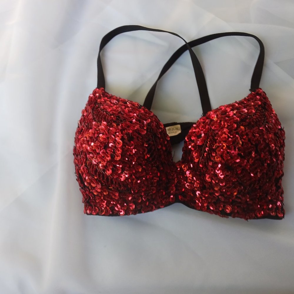 Vintage red sequin bra, boudoir lingerie, red devil Halloween costume accessory